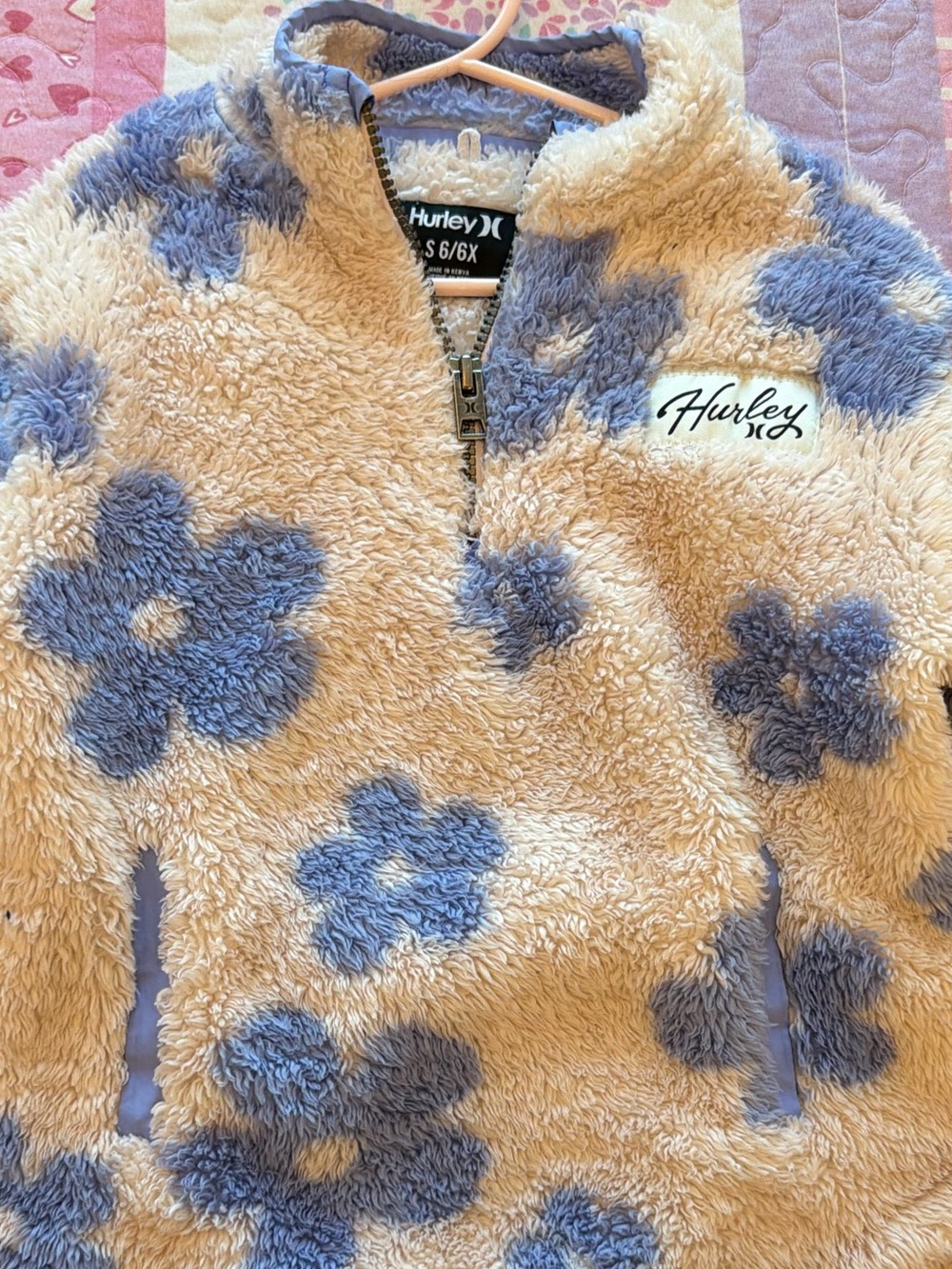 Hurley Kids Cream Sherpa Pullover with Blue Floral Print